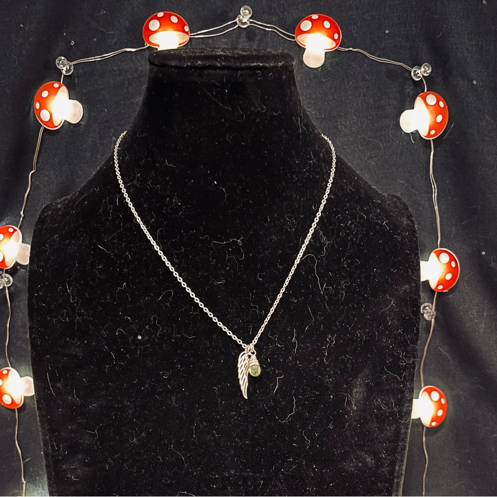 Sterling Silver Angel Wing Necklace w/ Green Crystal Accent